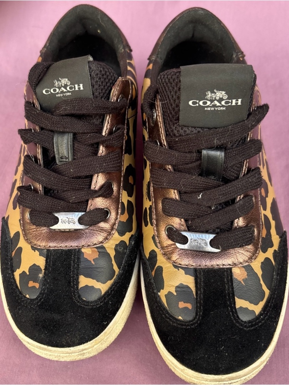 COACH Leopard Sneakers Low Top H18/113 Cheetah Animal Print suede toe 5B EUC